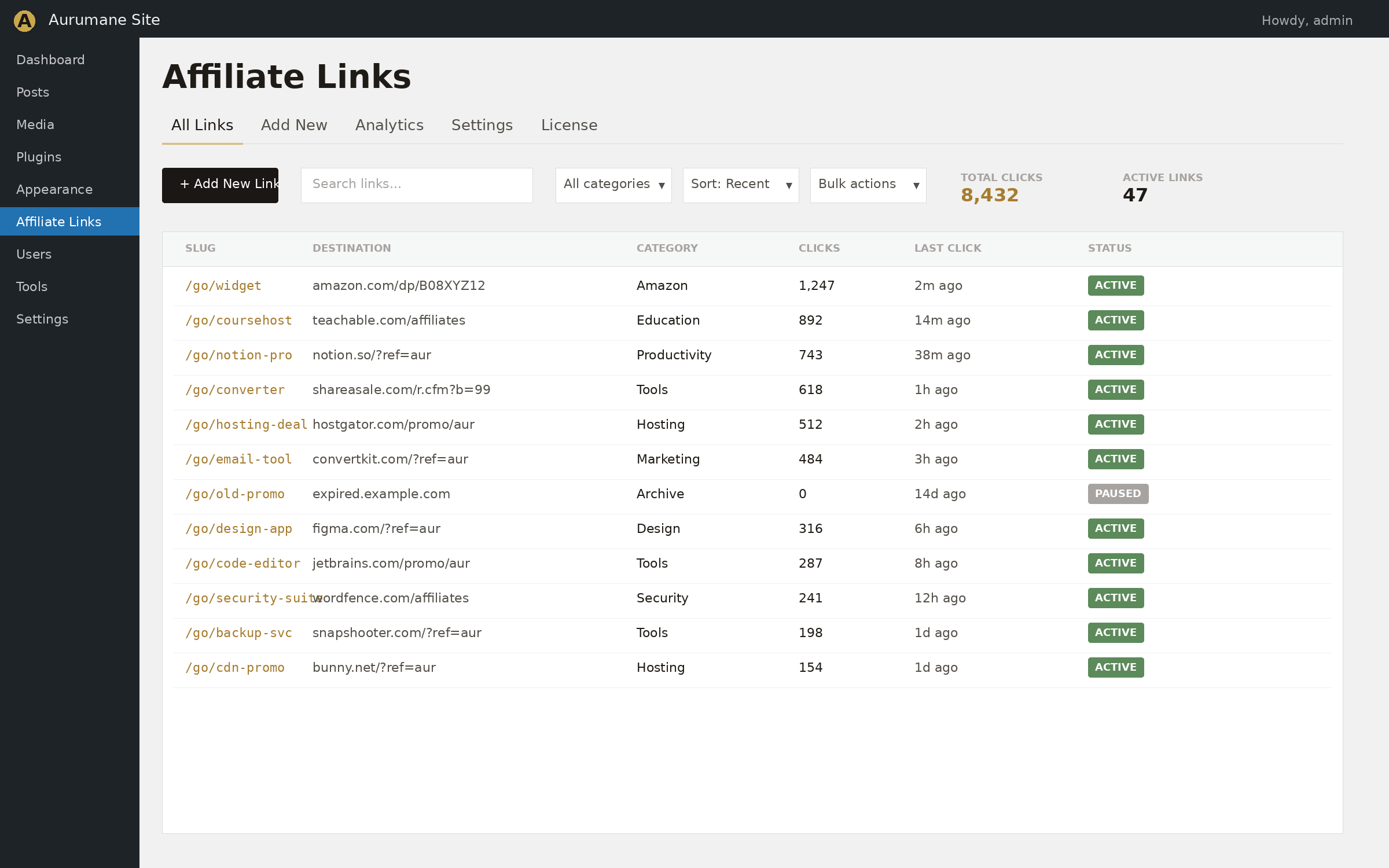 Affiliate Link Manager admin interface